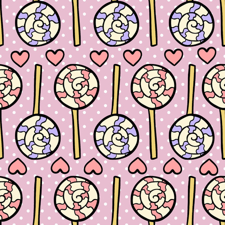 Seamless pattern with lollipops and hearts on dotted violet background. Vector illustrationのイラスト素材