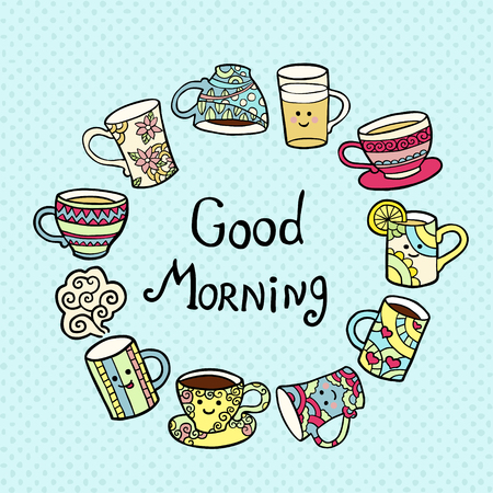 Good Morning Card with doodle tea cups in circle on dotted background. Vector illustration.のイラスト素材