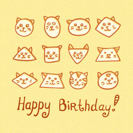 Happy Birthday Card with funny cat muzzles on yellow background. Vector illustration.のイラスト素材