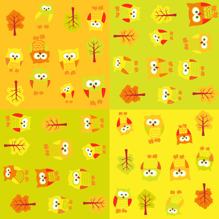Seamless pattern with owls and trees in squares vectorのイラスト素材