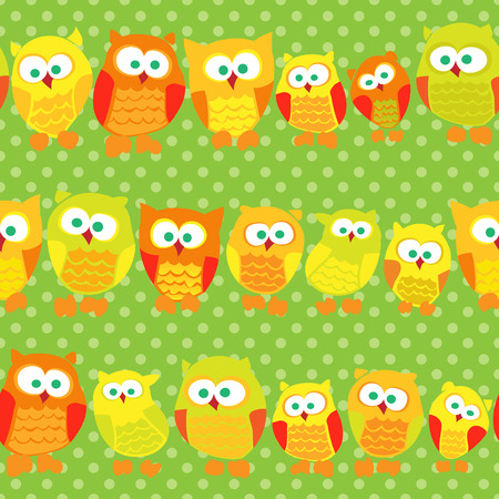 Seamless pattern with cute owls on green dotted background. Vector illustrationのイラスト素材