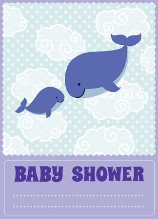 Baby shower invitation card with cute cartoon whales and place for text. Vector illustration.のイラスト素材