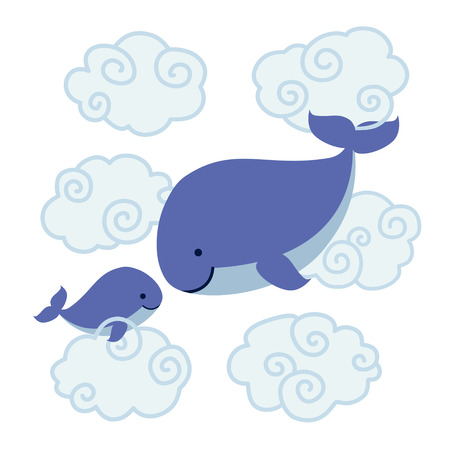 Cute cartoon whales - mother and baby in clouds isolated on white background. Vector illustration.のイラスト素材