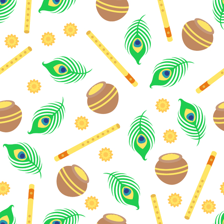 Seamless pattern with Krishna symbols. Pot, flute, peacock feather on white background. For cards, invitations, albums, wallpapers, backgrounds and scrapbooks. Art vector illustrationのイラスト素材