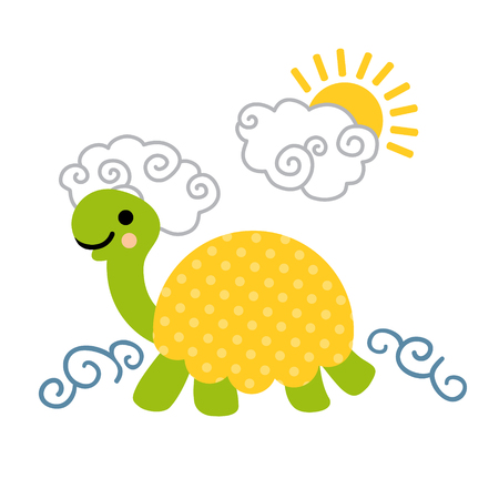 Cute cartoon smiling turtle with dotted shell swimming in the sea. Art vector illustration.のイラスト素材