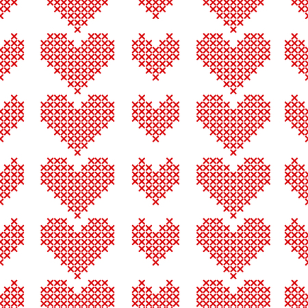 Seamless pattern with cross-stitch hearts on white background. Embroidery style. Art vector illustration.のイラスト素材