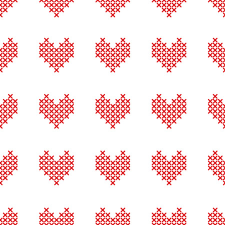 Seamless pattern with cross-stitch hearts on white. Embroidery style. Art vector illustration.のイラスト素材