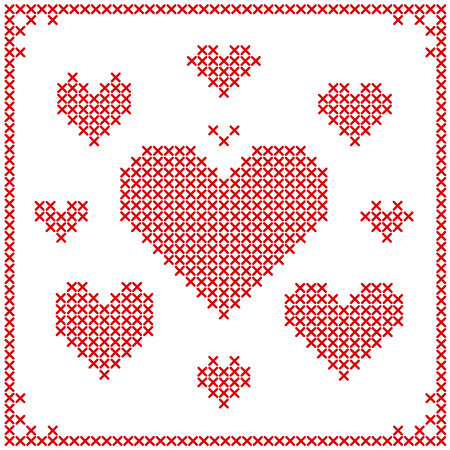 Set of cross stitch embroidery hearts. Different sizes. Art vector illustrationのイラスト素材