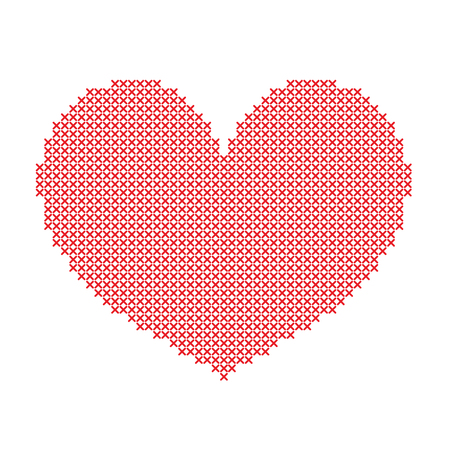 Hand-made big red heart embroidered with a cross isolated on white background. Art vector illustration.のイラスト素材