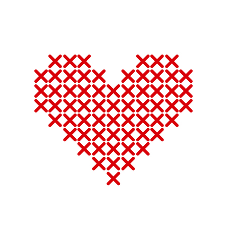 Hand-made red heart embroidered with a cross isolated on white background. Art vector illustration.のイラスト素材