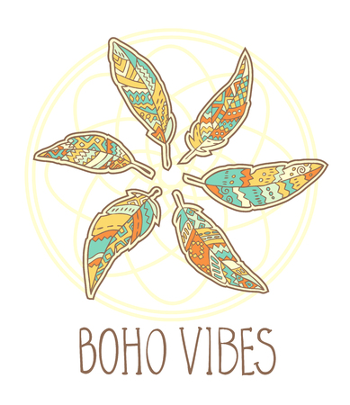Composition of Boho ornamental feathers in circle, abstract ornate round and text Boho Vibes isolated on white background. Vector illustration.のイラスト素材