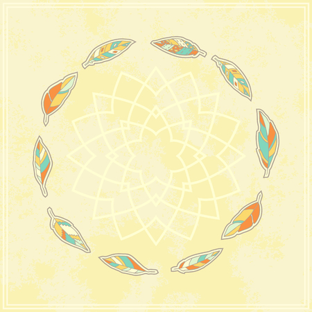 Background with tribal feather circle and place for text. May be used like template for card, postcard, greeting and celebration card, scrapbook, banner, congratulation. Vector illustration.のイラスト素材