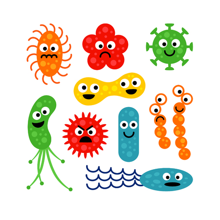Set of cute funny bacterias, germs in flat cartoon style isolated on white background. Good and bad microbes. Art vector illustration.のイラスト素材