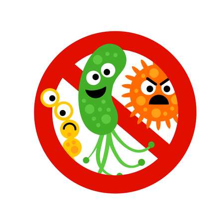 Stop bacterium sign with cute 3 cartoon gems in flat style isolated on white background. Alert circle symbol for antibacterial products. Art vector illustration.のイラスト素材