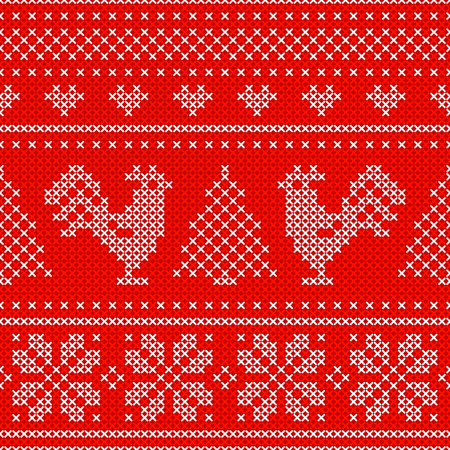 Red Holiday seamless pattern with cross stitch embroidered roosters. Christmas scheme design. Cocks - symbol of New Year 2017, xmas tree, heart and snowflake. For wrap, textile, wallpaper.のイラスト素材