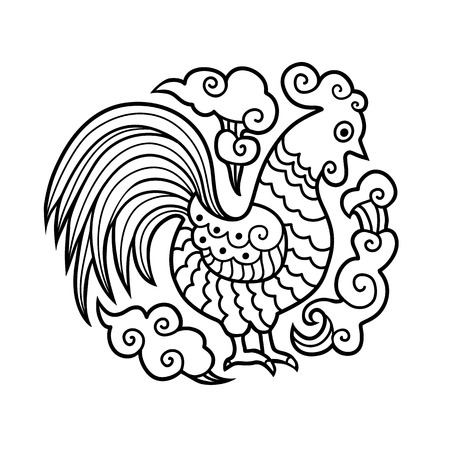 Graphic image of Cock, or rooster in round composition. Zodiac Symbol of Chinese New year 2017. China ornament style inspired. Art vector illustrationのイラスト素材