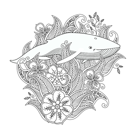 Coloring page with whale in flowers and leafs isolated on white background. Square composition. Coloring book for adult and children. Editable vector illustration.のイラスト素材