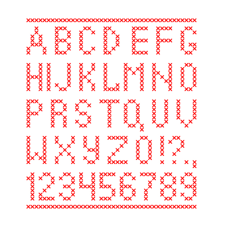 Embroided by cross stitch english alphabet with numbers and symbols isolated on white background. Vector illustration.のイラスト素材