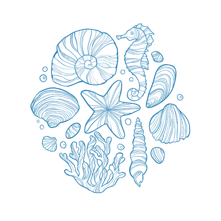 Hand drawn monochrome sketch of shell, seahorse, starfish, coral and others sea life in circle isolated on white background. Art vector stylized illustration.のイラスト素材