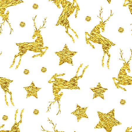Seamless pattern with gold shine glitter deers, stars, dots on white background. For wrap, wallpapers, backgrounds and scrapbooks. For Merry Christmas, Happy New Year products. Art vector illustrationのイラスト素材