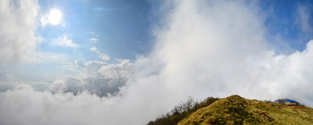 Magestic Cloudy Sky and Mountain panorama Landscape in Himalaya. Nepal, Annapurna region, Mardi...