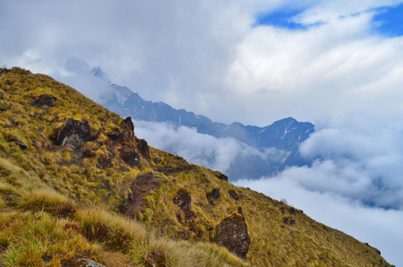 Colorful Mountain Landscape with track in Himalaya. Cloudy day. Annapurna region, Nepal, Mardi Himal track.の写真素材