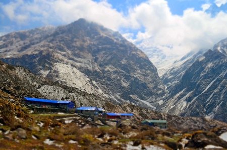 Lodges for traveler on the mountain, in Machpuchare Base Camp. Nepal, Annapurna Base Camp track.の写真素材