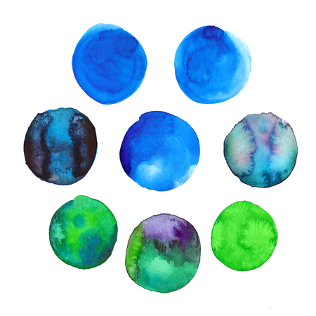 Set of colorful blue and green hand drawn watercolor spots, circles isolated on white background.の写真素材