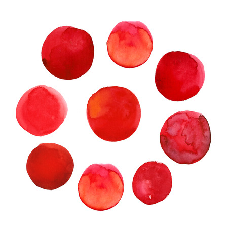 Set of colorful red hand drawn watercolor spots, circles isolated on white background.の写真素材