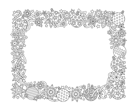 New year hand drawn horizontal frame, isolated on white background. Doodle snowflakes, fir-tree balls, ribbon decorative border. Coloring book for adult. Vector illustration.のイラスト素材