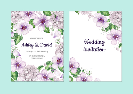 Floral background apple tree flowers, hydrangea in watercolor style isolated on white. Template for wedding card. Square composition. Place for text. Art vector illustration.のイラスト素材