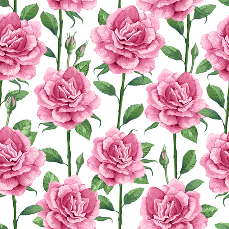 Rose flowers, petals and leaves in watercolor style on white background. Seamless pattern for textile, wrapping paper, package,のイラスト素材