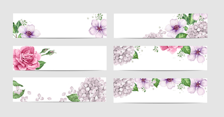 Floral banner template in watercolor style. Rose Flowers in watercolor style isolated on white background for web banners, polygraphy, border. Art vector illustration.のイラスト素材