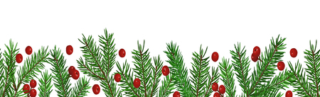 Seamless Background with realistic green fir tree branch and christmas berries. Place for text, congratulation. Christmas, New Year symbol.のイラスト素材