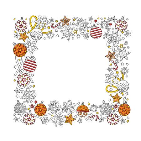 New year hand drawn square frame isolated on white background. Doodle snowflakes, fir-tree balls, ribbon decorative border.のイラスト素材