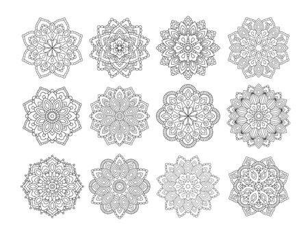 Set of Mandala in ethnic oriental style. Decorative vintage flower for henna, yoga stuff, mehendi, tattoo, coloring book page.  inspired style.のイラスト素材