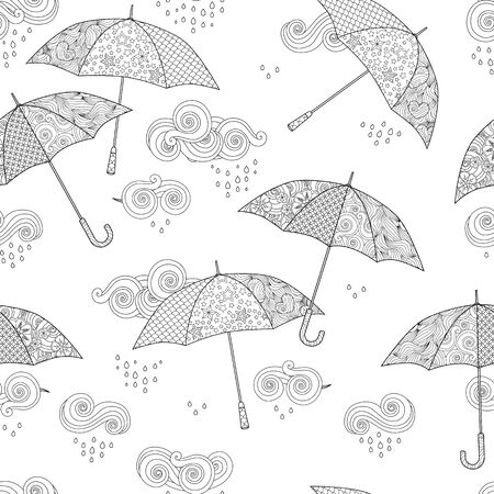Seamless pattern with Umbrella in doodle style isolated on white. Coloring book page for adultのイラスト素材