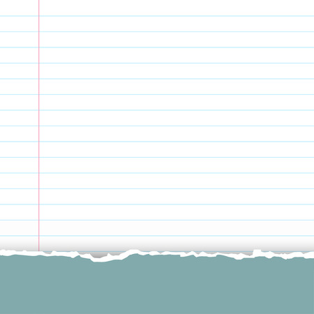 A sheet of white striped paper with a left margin. Classic note for study. From above a green-blue fragmentary piece from a cover of a notebook.Torn paper with copy space for your text.のイラスト素材