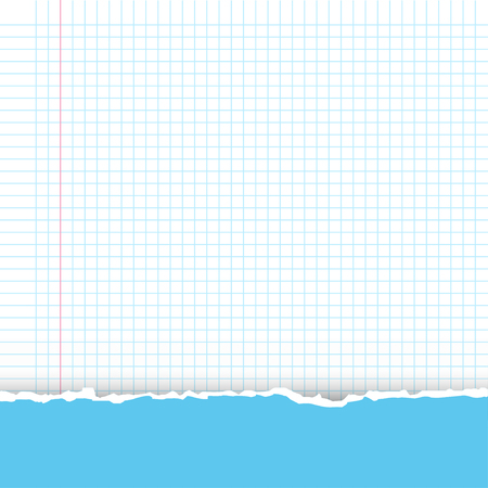 A sheet of white paper in a cage from the left margin. Classical note for study. From above a blue fragmentary piece from a cover of a notebook.Torn paper with copy space for your text.のイラスト素材
