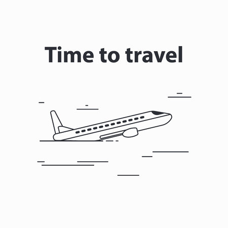 The plane takes off among the clouds. Time to travel. Simple linear icon on white isolated background.のイラスト素材