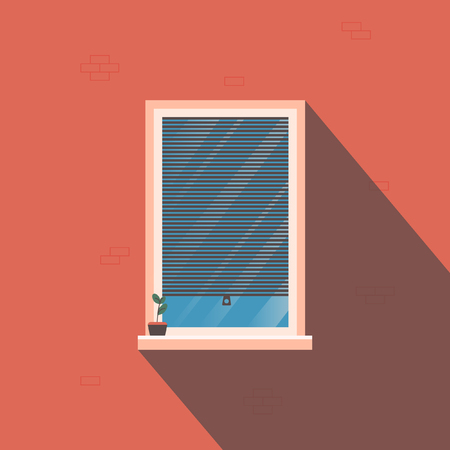 Window with roller blinds on the background of a brick wall with a shadow. There is a solitude  flower on the windowsill. Sunny day.のイラスト素材