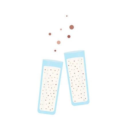 Two glasses clinking  with a milky cocktail. Above the glasses are decorative bubbles. Illustration in simple flat style on a white isolated background.のイラスト素材