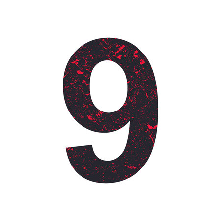 Number nine. 9 stylized grunge texture. Red-black stone texture. Vector illustration.