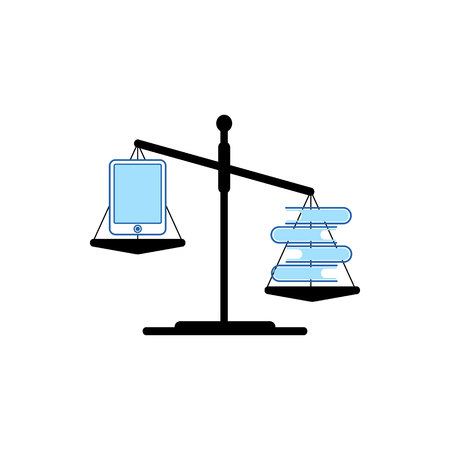 E-book and a stack of paper books on the scales in blue and black colors. Development of technology and education minimalistic linear style on isolated white background.Illustration.の写真素材