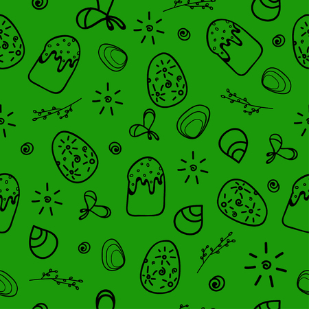 Easter cake, eggs, a willow branch, the sun on an green background. Hand drawn.Easter pattern on the green background. Seamless pattern.Illustration.の写真素材