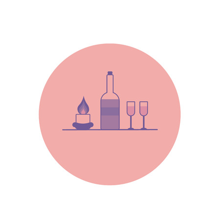 A bottle of wine, glasses and a burning candle. Illustration in gentle pastel purple tones. Color  icon in the circle.Celebratory concept.の写真素材
