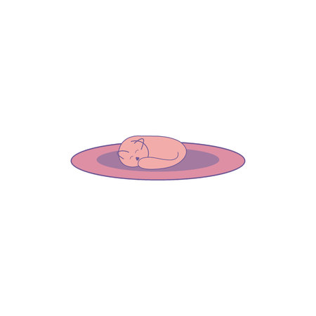 A sleeping cat on a rug in a linear flat style.Modern pink and purple pastel colors.の写真素材