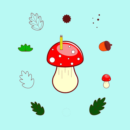 Set of forest elements: fly agaric, mushroom, worm, leaf, oak, acorn.Vector illustration in colorful tones on an isolated background.のイラスト素材