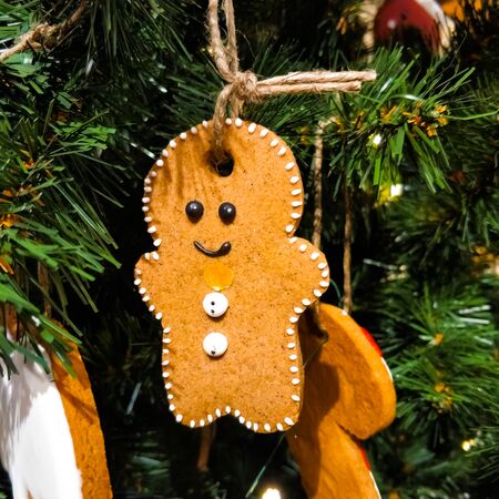 Snowman shaped gingerbread cookie hanging on a Christmas tree. Christmas tree toy.