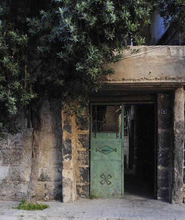 old iron green door and the olive tree. ancient building in southern Syriaの写真素材
